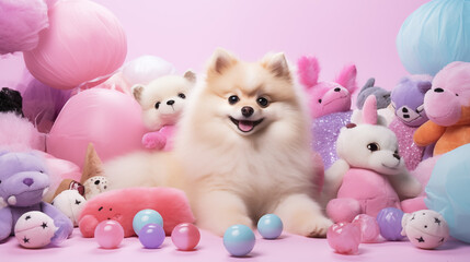 Fototapeta na wymiar Pomeranian Dog with Colorful Plush Toys and Balloons