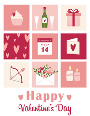 Happy Valentine's Day. Vector illustration for poster, invitation, flyer, banner, brochure, advertising. Squares with Valentine's day symbols.