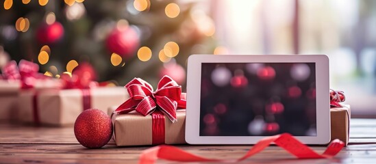 Digital tablet used for Christmas online shopping in discount store, digital marketing, and e-commerce.