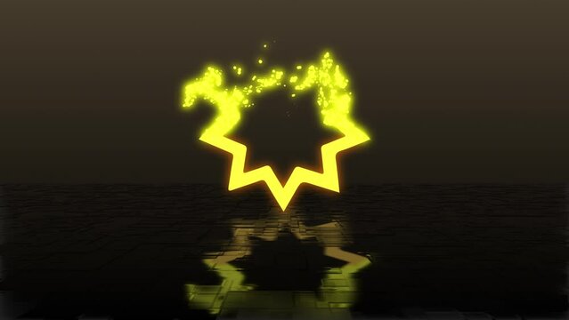 Symbol of bahai faith, nine pointed star symbol made of glowing golden particles disappear and dissolve on reflecting floor and dark background. 