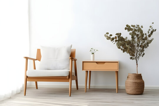 Vase with green eucalyptus branches on end table and comfortable armchair near white wall