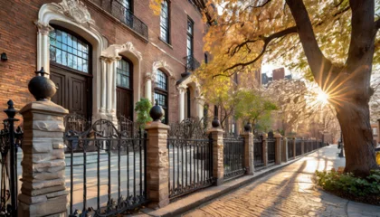 Fototapeten classic brownstone exterior in an urban setting, with a wrought-iron fence and a tree-lined sidewalk © Dressers zone