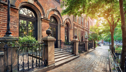 Fototapeta na wymiar classic brownstone exterior in an urban setting, with a wrought-iron fence and a tree-lined sidewalk