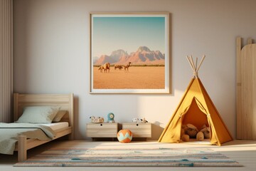 3D rendering of a kid's bedroom with a sample frame. Generative AI