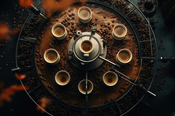 Top view of coffee machine and beans