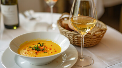 On a white table, a plate of pumpkin soup, a glass of white wine, a basket of rustic bread, Interior of a beautiful restaurant. Rustic.