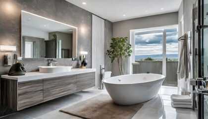 Design a modern bathroom with a freestanding bathtub, a double vanity, and contemporary fixtures in a suburban home