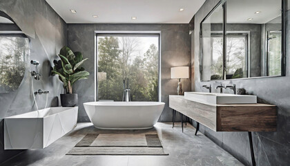 Design a modern bathroom with a freestanding bathtub, a double vanity, and contemporary fixtures in a suburban home