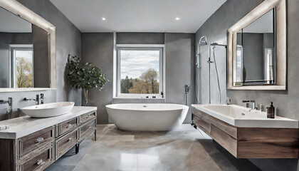 Fototapeta na wymiar Design a modern bathroom with a freestanding bathtub, a double vanity, and contemporary fixtures in a suburban home