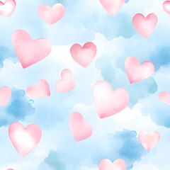 Abstract watercolor seamless pattern with pink hearts on blue cloudy sky. Love, Valentines day, wedding concept. Romantic background for print, design greeting card, textile, paper