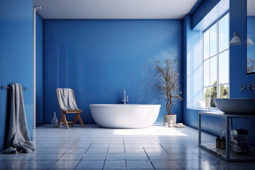 Fototapeta na wymiar True blue color minimal design decoration modern bathroom interior