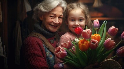 A cute little girl congratulates her grandmother and gives her a bouquet of tulip flowers in the house. Happy family holiday, women's Day.