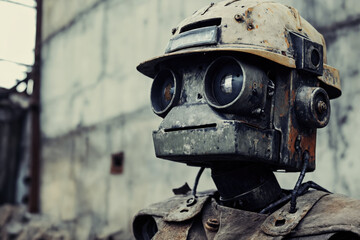 Fototapeta premium A humanoid robot in worker clothing, at a construction site Surrounded by machinery and structures.