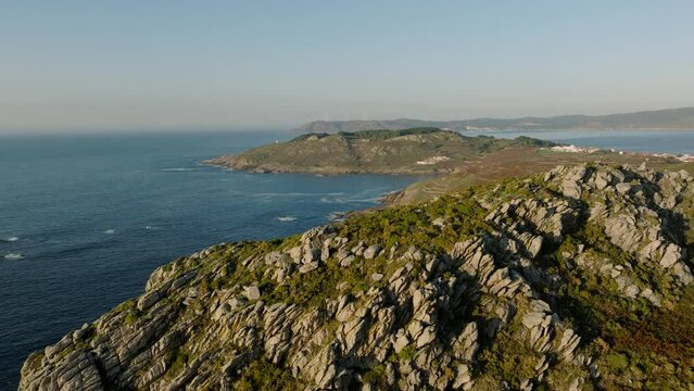 Aerial of Peton do Castro Hiking Area And Praia de Soesto During Summer Near Laxe in Spain