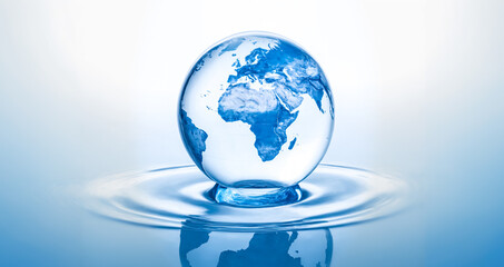 Fototapeta na wymiar Water drop with planet earth shape, representing the importance of water for life on Earth. Suitable for World Water Day, environmental day or earth day to raise awareness and action for the global