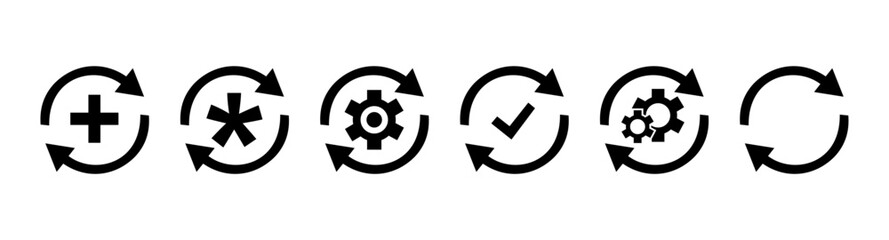 Sync process icon set. Sync processing icons. Circle arrow with gear wheel.