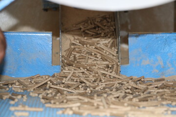 Pellets fly out of the machine. Pellet production. Production stage of pellet fuel