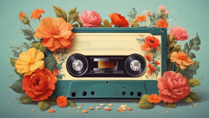 illustration of retro music cassette covered with flowers, generative AI.
