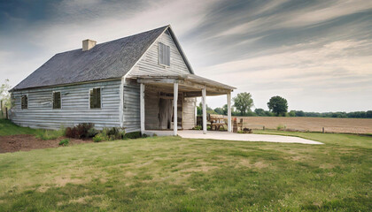 Obraz premium rustic farmhouse exterior with a wrap-around porch, surrounded by open fields and a barn in the background