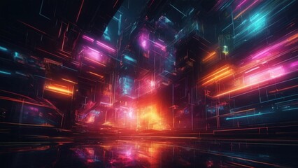 abstract illustration of geometric shapes and structures in colorful neon colors and lights in cyberspace against dark background, generative AI.