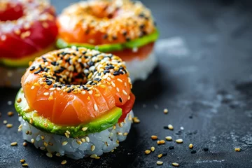  Sushi donuts on dark concrete table, japanese sushi made in shape of donuts, food mashup concept. © okfoto