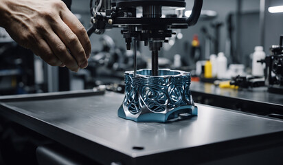 A robotic machine for printing metal and plastic parts provides 3D printing. This state-of-the-art printer uses additive manufacturing technology to make the part creation process more efficient - obrazy, fototapety, plakaty