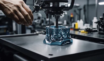 Foto op Plexiglas A robotic machine for printing metal and plastic parts provides 3D printing. This state-of-the-art printer uses additive manufacturing technology to make the part creation process more efficient © Inna