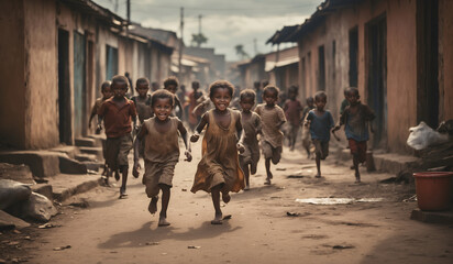 African famine. African children run around in old, torn clothes among unfinished slums. Happy children run through the streets of a village in Africa. Global problems of the world: hunger - obrazy, fototapety, plakaty
