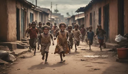 Foto op Aluminium African famine. African children run around in old, torn clothes among unfinished slums. Happy children run through the streets of a village in Africa. Global problems of the world: hunger © Inna