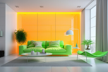 Wall seating group with painting modern minimal living room interior design neon colors