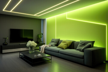 Wall seating group with painting modern minimal living room interior design neon green colors