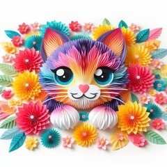 Experience the enchantment of kirigami with a colorful kitty amidst vibrant flowers. This paper-crafted feline poses against a white background, showcasing the intricate artistry of floral harmony