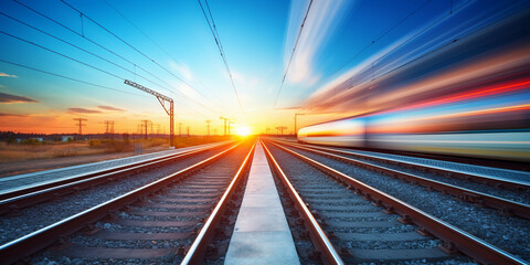 Railroad in motion at sunset. AI Generative.
