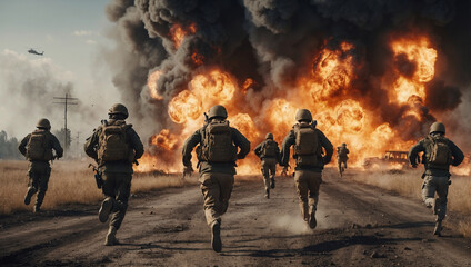 Obraz premium People are fleeing, running away from the epicenter of explosions and destruction caused by the outbreak of hostilities. In an apocalyptic situation, they try to save their loved ones