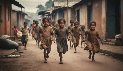 Foto op Aluminium There is famine in the villages of Africa, children run around in old rags among destroyed buildings. Global hunger is a pressing world problem. Hungry dirty but happy children © Inna