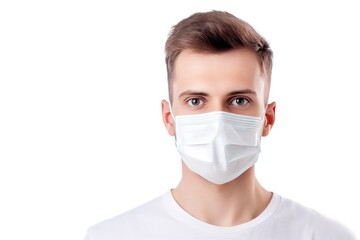 Portrait of young man in medical mask, isolated on white background with copy space. Medical Mask. Pandemic Concept with copy space. Healthcare Concept. Epidemic Concept. 