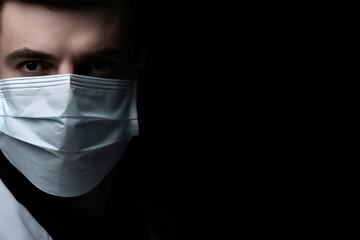 Portrait of a young man in a medical mask on a dark background with copy space. Medical Mask. Pandemic Concept with copy space. Healthcare Concept. Epidemic Concept. Copy Space.