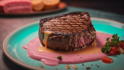 A testy grill steak on a table on a plate. - obrazy, fototapety, plakaty