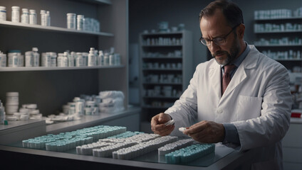 A pharmacist's working day in a pharmacy includes sorting medications and medical supplies. Modern pharmacists actively interact with the database, registering the receipt of goods