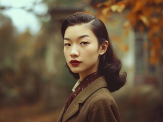 Photorealistic Adult Chinese Woman with Brown Straight Hair vintage Illustration. Portrait of a person in 1950s era aesthetics. Conservative style Ai Generated Horizontal Illustration.
