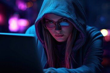 a girl hacker in glasses and a hood sits at a computer in a dark room with blue backlight