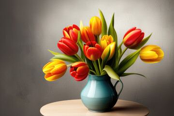 Of fresh natural yellow and red tulip flowers bouquet in a vase against a dark wall