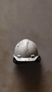 White soiled safety helmet, text space background