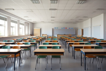 Fototapeta na wymiar Whiteboard, regular desks, big empty classroom, back to school. Generative ai