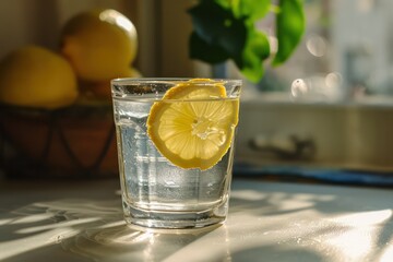 Glass of water with lemon in kitchen in morning light. Generative AI