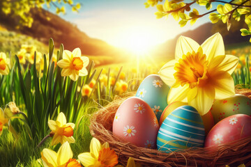 Fototapeta na wymiar Beautiful easter eggs in basket in grass on sunny day with blooming daffodils with copy space