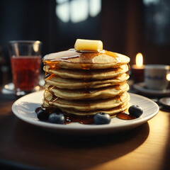 Testy Pancakes on a plate with sos, Ai photo. - obrazy, fototapety, plakaty