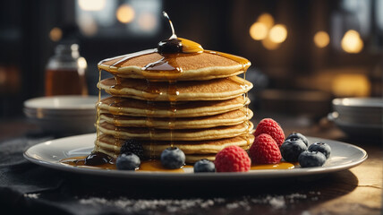 Testy Pancakes on a plate with sos, Ai photo. - obrazy, fototapety, plakaty