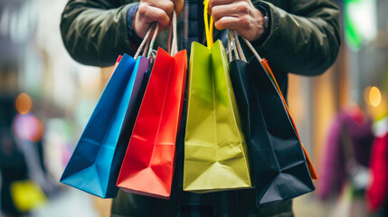 Urban Shopper's Euphoria: Man Grasping a Kaleidoscope of Bags