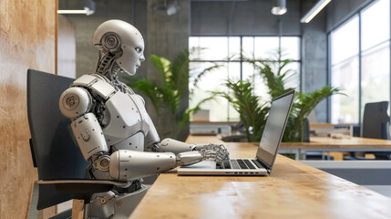 The Digital Workforce: Robotic Typist in a Contemporary Office - obrazy, fototapety, plakaty
